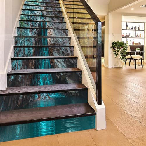 FLFK 3D Paesaggio della cascata di roccia retrò Stacca e attacca Le scale alzata Adesivi Vinile decalcomania adesivi per scale scale decorazione 39,3 pollici x7,08 pollici x 13 pezzi