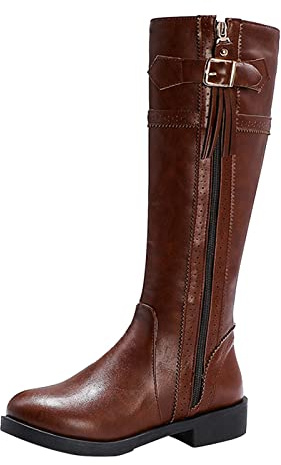 Bottes avec Boucle Femmes Élégante Cuir Véritable Genou Haut Bottes Talon Plat Fermeture éclair Bottes d'équitation