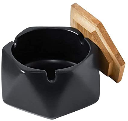 Aschenbecher für Draußen mit Deckel, Handgemacht Kreativ Keramik Windaschenbecher für Balkon, Terrasse, Zuhause, Cafés, Bars, Büro Dekoration (Schwarz)