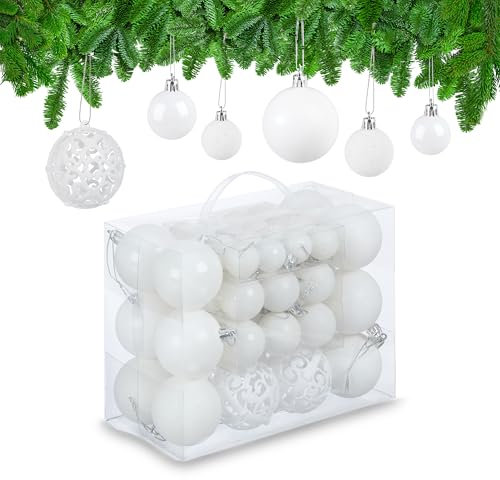 Relaxdays Weihnachtskugeln im 50er Set, glitzernde, Matte & glänzende Christbaumkugeln, Kunststoff, ∅ 3, 4 & 6 cm, weiß