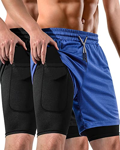FIONECA 2 in 1 Mens Shorts Casual 2 Pack, Running Gym Shorts for Men 7 Inch, Workout Shorts Men with Pockets &Towel Loop -(Black&Blue,XL)