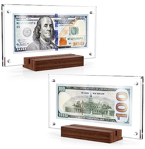 PONNOR Dollar Bill Frame,Acrylic Currency Display Holder with Black Walnut Base Clear Paper Money Frame for Collectors Ticket Protector Photos Display Case,7.8 * 4.1inch（2PCS）