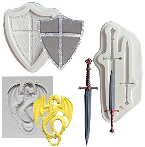 MEZHEN Drachen Silikonformen - Drachen Fondant Formen Swords Shield Schokoladenformen Dragon Silikon Backform DIY Silikon Seifenform für Backform Kuchen Dekorieren 3 Stück