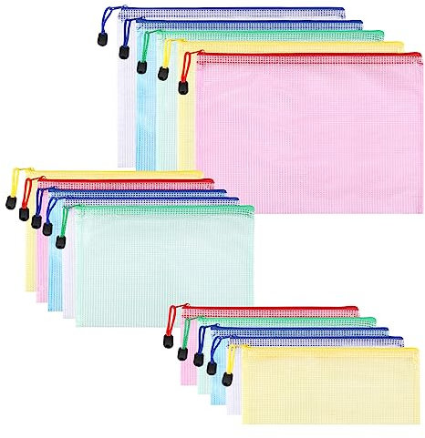 tao pipe 15 Stück Dokumententasche, A4 A5 A6 Zip Dokumentenmappe, Mesh Kunststoff Reißverschlusstasche für Datei, Papier, Dokumente, Kosmetika, 5 Farben