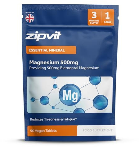 Zipvit Magnesium 500mg, 90 Vegan Tablets, High Strength Magnesium Supplement, Supports Bones and Teeth, Muscle Energy, Reduces Tiredness and Fatigue, 3 Month Supply