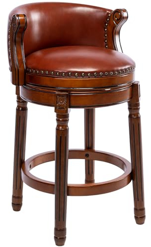 AULIFE Barhocker Holz – 360° Drehbar Barhocker mit Lehne, Echtleder Sitz, Handgefertigt mit Nagelkopfdekor, Massiver Gummibaumholzrahmen, Retro Barstuhl für Küche & Bar (Braun, Sitzhöhe-65cm)