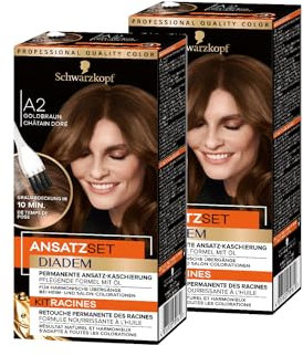 Diadem Ansatzset A2 Goldbraun Stufe 3 (2x 22 ml), dauerhafte Haarfarbe zum Haaransatz kaschieren in nur 10 Minuten, Ansatzfarbe mit ölhaltiger, pflegender Formel