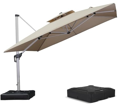 PURPLE LEAF Parasol Déporté 3,3 x 3,3 m Carré avec Pied, Parasol de Jardin Extérieur à Toit Double Rotatif 360°, Pour Terrasses, Terrains de Camping, Restaurants Extérieurs, Beige