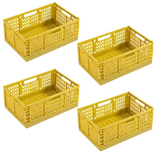 EURXLQ 4 Cestino Portaoggetti Pieghevole, Cassetta Plastica Pieghevole per La Cucina, Bagno, Ufficio (Giallo, 30x20x12cm)