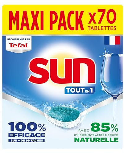 SUN - pastilles lave-vaisselle Tout en 1 Regular - 70 tablettes - avec 85% d'ingrédients d'origine naturelle - 100% efficace sur + de 99 taches - Fabriqué en France