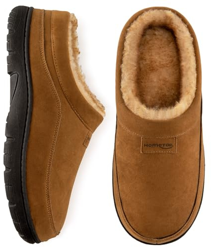 HomeTop Men's Moccasin Slippers Soft Warm Non-slip Memory Foam Indoor House Shoes with Fluffy Lining Chestnut, 6-7 UK