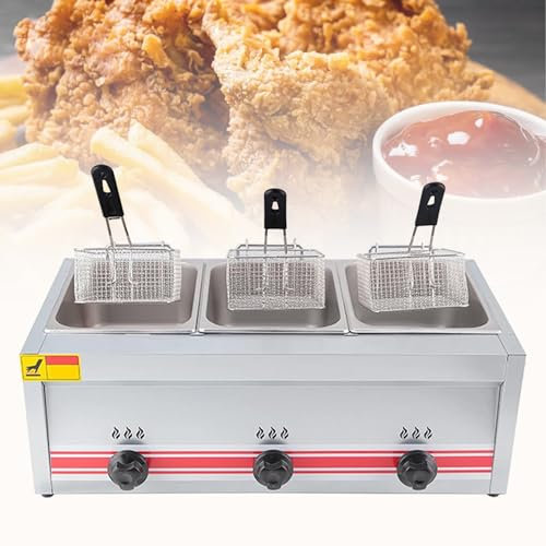 Friteuse Professionnelle Gaz, Friteuse Gpl En Acier Inoxydable, Friteuse à Gaz Multifonction De Grande Capacité Avec Paniers Et Couvercles De Friteuse Facile à Nettoyer,Triplecylinder10l+10l+10l