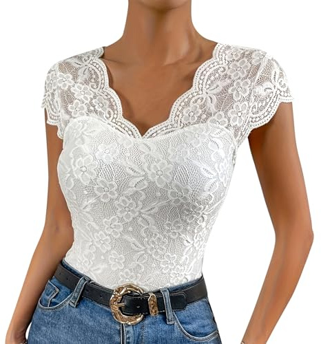 Odizli Spitzen Oberteile Damen Sommer Elegant Sexy Cap Sleeve V-Ausschnitt Blume Spitze Enge Top T-Shirt Bluse Spitzentop Spitzenbluse Festliche Hochzeit Party Trachtenbluse Weiß XL