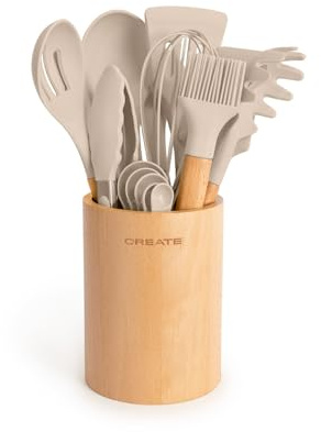 CREATE/Set d'utensiles de cuisine Sable et bois / 11 Utensiles de cuisine en silicone et bois hêtre naturel, sans BPA, jusqu'à 230°C