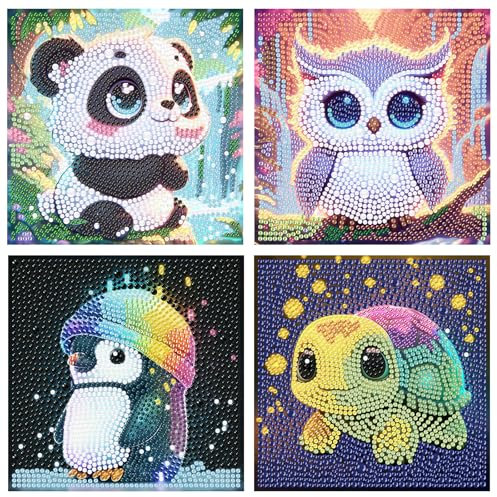 FLAJZ Diamond Painting Kinder, 4 Pack Diamant Painting Bilder, Süß Tiere Diamond Painting für Kinder ab 6 7 8 9 10 11 12 Jahre, DIY Mosaik Bastelset Weihnachtsgeschenke, 15x15cm