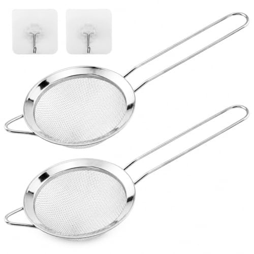 Small Stainless Steel Fine Mesh Strainers with 2 Pcs Kitchen Hooks,8 cm Diameter Mini Fine Mesh Sieve Tea Strainers Kitchen Colander Sieve with Handle - Ideal for Juice Egg Tea Coffee Flour Filter
