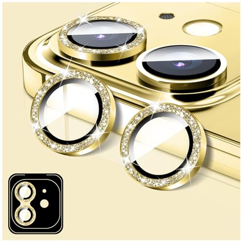 LucBuy Camera Lens Protector Compatible for iPhone 12/12 Mini, Glitter 9H Tempered Glass Camera Cover Film Stickers, Automatic-Alignment Individual Metal Rings Shiny Phone Accessories