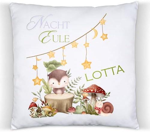 ZauberPrints Eulen Kissen mit Name – Nachteule Deko fürs Zimmer | Kuschelkissen mit süßem Eulen-Motiv · 37x37 cm · Baumwolle · Kinderzimmer-Deko · Geschenk zur Geburt, Taufe & zum Geburtstag