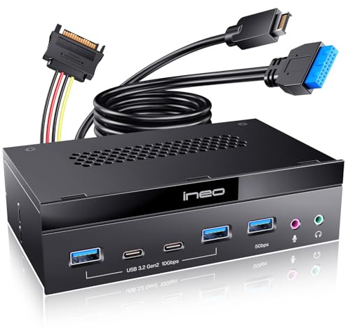 Ineo Hub USB 3.2 Gen 2 de Panel Frontal de 13,34 cm, 2 Puertos USB C de 10 G, 2 USB A de 10 G, 1 USB 3.0 Tipo A, Audio y Conector de micrófono [3570II]