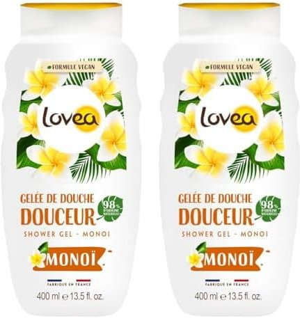 LOVEA - Gelée De Douche - Monoï - Mousse Fine & Onctueuse - Nettoie En Douceur - 96% D'Origine Naturelle - PH Neutre - Sans Sulfate - Fabriqué En France - 400 ml (Lot de 2)