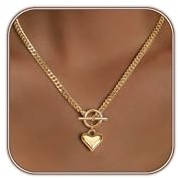 Airmb Heart Necklace for Women Gold Plated 14K Chunky Cuban Chain Trendy Heart Choker Pendant Gold OT Toggle Hypoallergenic Fashion Locket Necklace Jewelry Love Gift for Women