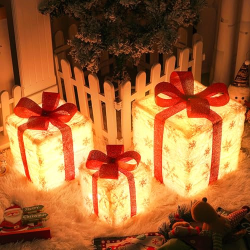 LED Geschenkboxen mit Timer und Fernbedienung 3er Set, LED Weihnachtsdeko, Weihnachtsbeleuchtung Außen Batterie, 8 Modi, Geschenke Weihnachten Deko, für Weihnachtsdeko Aussen Innen Winter Deko