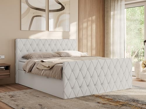 MKS MEBLE Boxspringbett 160x200 cm Miren Duo – Bett mit Bettkasten & Kopfteil, Ziernähte/Steppung – 2× 7-Zonen Taschenfederkern Matratze H3 mit Topper T25 – Weiß Kunstleder