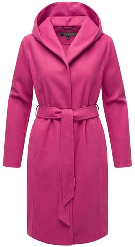 MARIKOO Damen Übergangsmantel lang Wickelmantel leichter Trenchcoat in Wolloptik mit Taillengürtel und Kapuze Kailii 16 XS-3XL