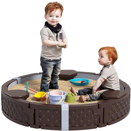 Qaba Kids Sandbox with Cover, Round 47 HDPE Large Sand Pit with 3 Seats, Waterproof Bottom Liner, Weather Resistant Outdoor Sand Box for Backyard, Lawn, Garden, Beach, Patio, Brown