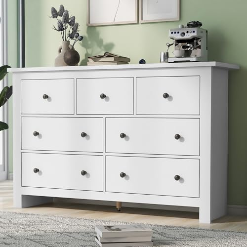 LARFOEK Kommode mit 7 Schubladen, Kommode Weiß Kommodenschrank Kommode Wohnzimmer Sideboard Anrichte Esszimmerschrank Modern (Weiß)