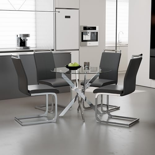 GOLDFAN Rund Esstisch mit 4 Stühlen Moderner Küchentisch Glas Tisch Set Esszimmerstuhl, Esszimmertische für Esszimmer Wohnzimmer, 80cm, Grauschwarz