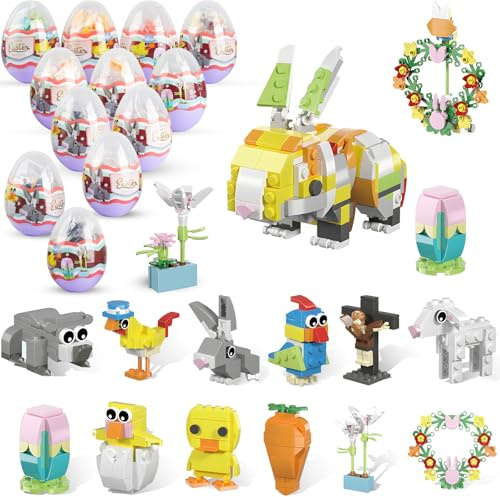 testlili 12 PCS Prefilled Easter Eggs with Bunny Building Toys, Easter Basket Stuffers Gifts for Kids Toddlers 12 in 1 Rabbit Building Blocks Sets, Party Favors Classroom Prize Supplies (easter)