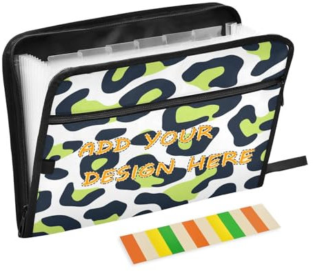 Dokumentenmappe, 13 Taschen, A4, Briefgröße, personalisierbar, mit Reißverschluss, für Dokumentenaufbewahrung, Leopardenmuster, Limettengrün und Marineblau