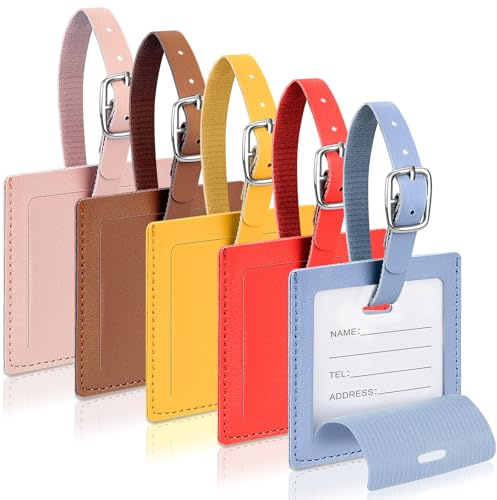 Cozary 5 Piezas Identificador de Maletas, Cuadrado Etiqueta Maleta Viaje Cuero de PU, Identificador Maletas Viaje con Etiqueta de Nombre, Luggage Tag para Evitar Pérdida de Bolsas y Maletas