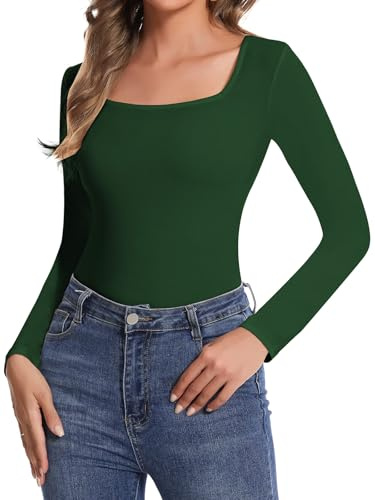 SHAPERIN Kvinnors långärmade t-shirts blus blus fyrkantig hals casual bodysuit topp bodysuit bodysuit, Fyrkantig krage-mörkgrön, S