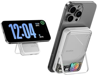 sharge ICEMAG 2 Power Bank 10000mAh MagSafe, Caricatore Magnetico Qi2 15W con Raffreddamento Attivo, Batteria Esterna con Supporto Pieghevole Trasparente, Caricatore Portatile per iPhone 17/16/15/14