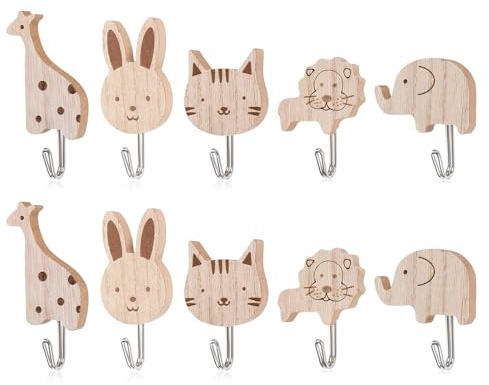 pclapora 10 Stück Süße Tier Kleiderhaken, Selbstklebende Hölzerne Tier Cartoon Wandhaken, Kleiderhaken Kinder Kindergarderobe Haken, Dekorative Wandhaken, für Handtücher, Rucksack, Tasche, Schlüssel