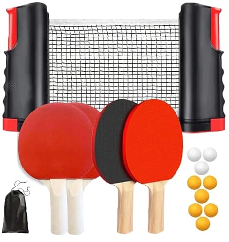 GOEDCH Set di racchette da ping pong con rete: set da ping pong mobile con 4 racchette, rete retrattile, 9 palline da ping pong e 1 custodia, set di racchette da ping pong per giochi interni ed