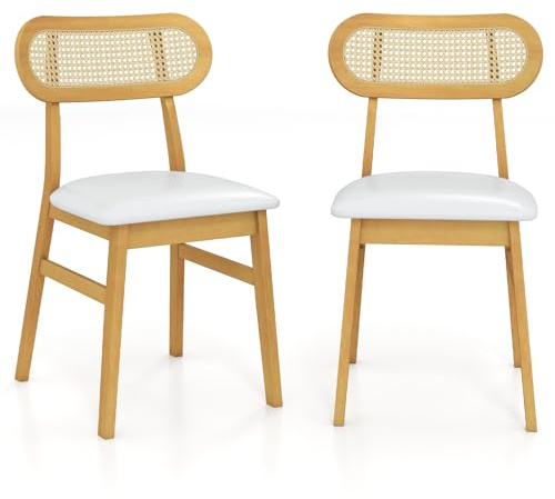 HOMASIS Juego de 2 Sillas de Comedor Acolchadas, Sillas de Cocina con Respaldo de Ratán, Silla Tapizada de Piel Sintética, Patas de Madera Maciza, Soporta 180 kg (Blanco)