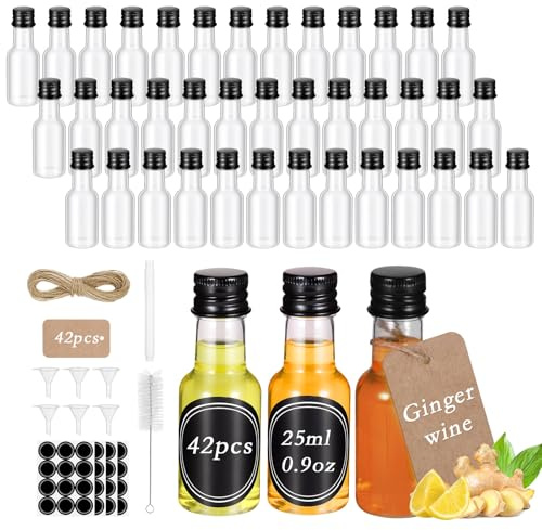 Hejo 42 Stück Mini Fläschchen Likörflaschen, 25ml Kleine Flaschen zum Befüllen, Wiederverwendbare Likörflaschen - Mini-Saftflaschen, Ingwer Shot, Whisky, Ideal für Hochzeiten, Partys, Küchen