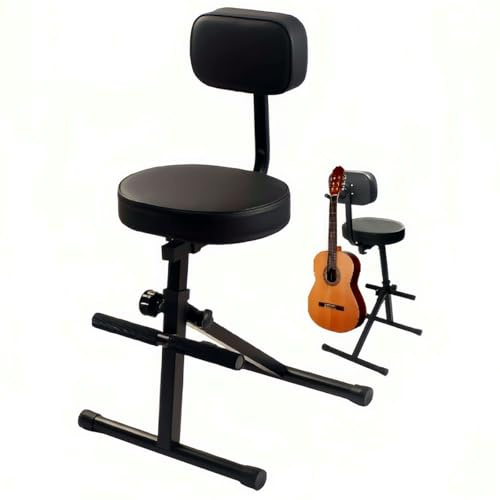 BlissKiss Adjustable Guitar Stool with Back Support - Professional Musician Throne with Instrument Hanger, Foldable Design for Stage & Studio, 33.9-42.1 Height Range, Black