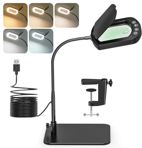 Jubor Gooseneck Magnifying Glass with Light and Stand, 15X 10X LED Magnifying Lamp with Dust Cover, Desk Magnifier Lamp with 5 Color Modes Stepless Dimmable for Hobby Crafting, Reading, Repairing