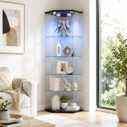 Vetrina angolare in vetro, Vetrina a colonna in vetro LED, 4 ripiani 1 porta con porta, Mobile vetrina in vetro con porta e serratura, Vetrina a cinque angoli 162x60x35 cm (1 porta 4 livelli, Nero-6)