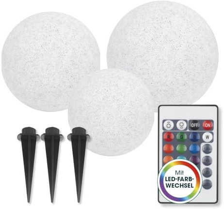 EASYmaxx Solarleuchte Set mit Farbwechsel | LED-Solarleuchte Set Stein Optik | Solarkugel Set witterungsbeständig | Solar Kugel 3er Set inkl. Fernbedienung | Solar-Leuchte Steinoptik mit Solarbetrieb