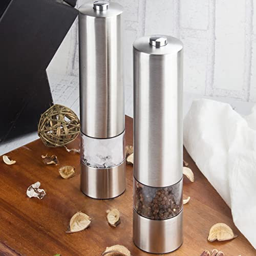 Virklyee 2 PCS Molinillo Eléctrico Para Sal Y Pimienta De Acero Inoxidable Eléctrica de acero inoxidable con Fine Grind Sal Pimienta Molinillos de sal y pimienta (Plata)
