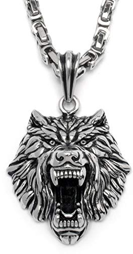 Schmuck-Checker Wolf Anhänger aus Edelstahl mit Königskette silber Männer Halskette groß Bikerschmuck Lupus Geschenk Wikingerschmuck Männerschmuck Herrenschmuck Halskette