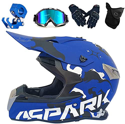 VOMI Casque Motocross Adulte Bleu, Integral Casque Moto Cross Accessoire Goggle Gant Masque Equipement Moto Convient pour Montagne VTT, Monstre Autocollant (XXL 60-61CM)