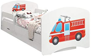 Happy Babies - Doppelseitiges Kinderbett MIT SCHUBLADE Modernes Design mit sicheren Kanten und Absturzsicherung Schaumstoffmatratze 7 cm. (180x90, 68. Feuerwehrauto)