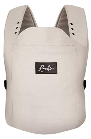 ROOKIE Babytrage Premium - Schnell & einfach angelegt - Bequeme Baby Trage für Neugeborene ab Geburt bis 15kg - Baby Carrier aus Bio Baumwolle (Beige)