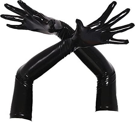 Aislor Damen Lange Handschuhe Glänzende Lederoptik Handschuhe Wetlook Abendhandschuhe Party Gogo Accessoire Clubwear Schwarz M